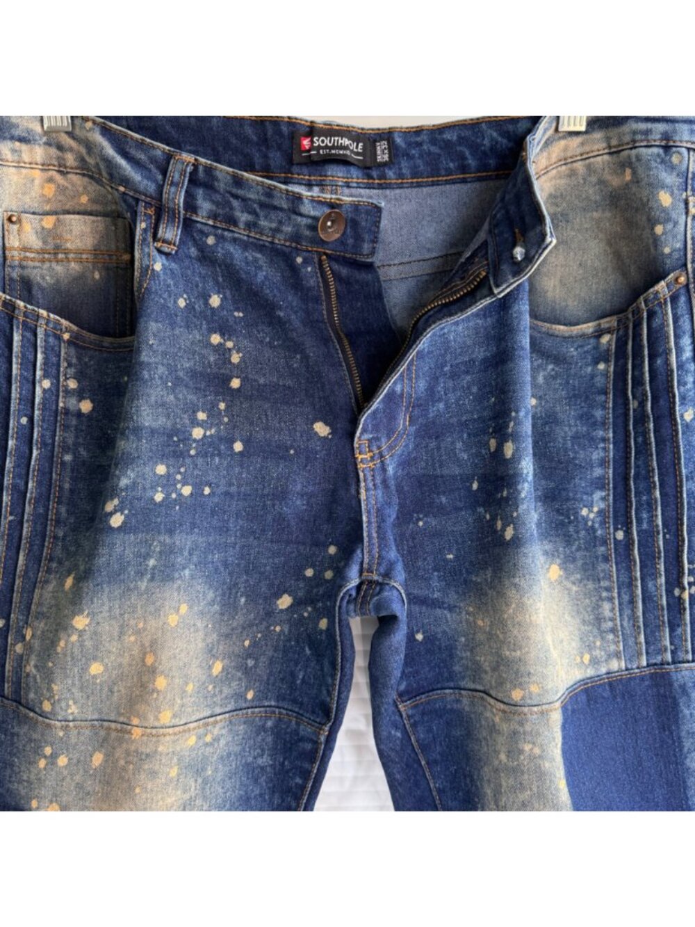 Southpole Mens Skinny Fit Blue Splatter Patchwork Jeans 36x32 Hip Hop Streetwear - Picture 6 of 13